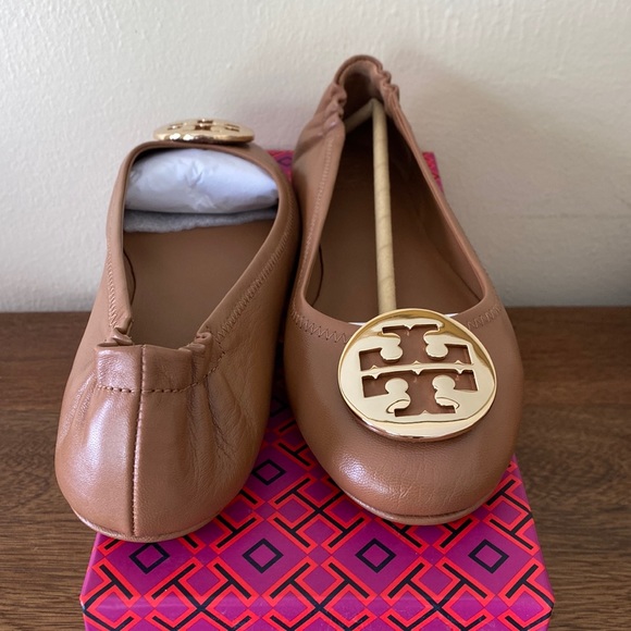 Tory Burch Minnie Travel Ballet Flats Royal Tan Gold Nappa Leather Shoes - 8.5 - Picture 3 of 7